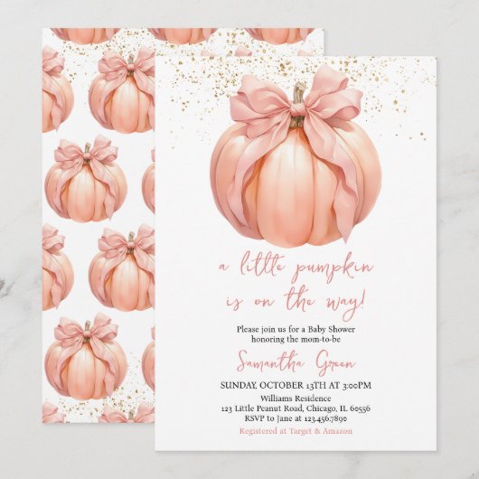 Pink Bow Pumpkin Baby Dusche Einladung (Vorne/Hinten)