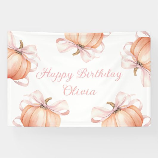 Pink Bow Pumpkin Birthday Backdrop Banner (Horizontal)