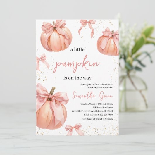 Pink Bow Pumpkin Girl Babydusche Einladung (Stehend Vorderseite)