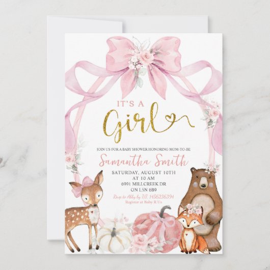 Pink Bow Pumpkin Woodland Animals Baby Dusche Einladung (Vorderseite)