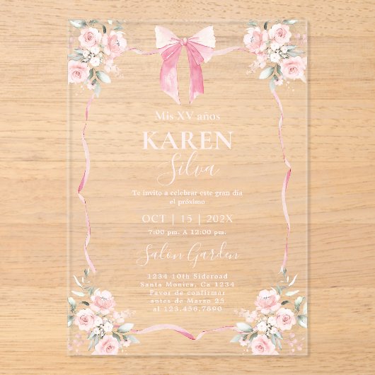 Pink Bow Quinceanera Akryllische Einladung (Vorderseite)