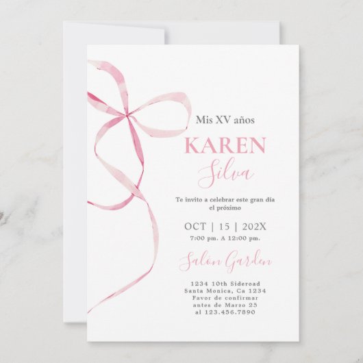 Pink Bow Quinceanera Einladung (Vorderseite)