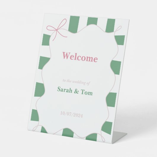 Pink Bow Rahmen Striping Wedding Pedestal Zeichen Sockelschild (Vorderseite)