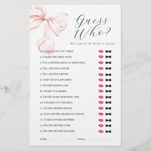 Pink Bow rät, wer Brautparty-Spiel Briefpapier (Vorderseite)