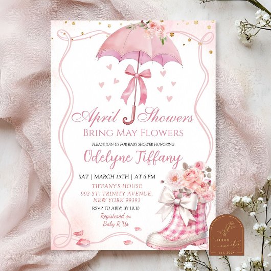 Pink Bow Regenschirm Stiefel April Duschen Baby Gi Einladung