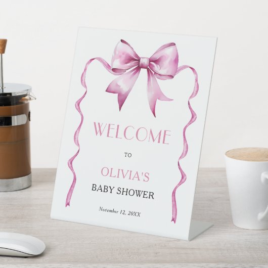 Pink Bow Ribbon Babydusche Willkommen Sockelschild (In SItu)