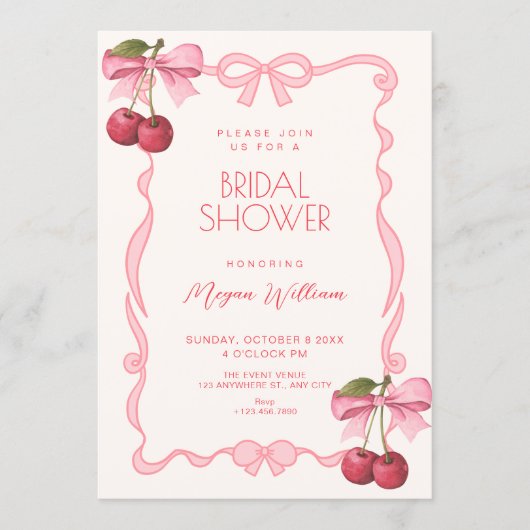 Pink bow ribbon cherry bridal shower einladung (Vorderseite)