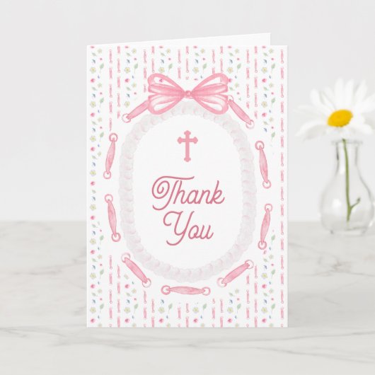 Pink Bow Ribbon Frame Floral Religious Thank You Karte (Kleine Pflanze)