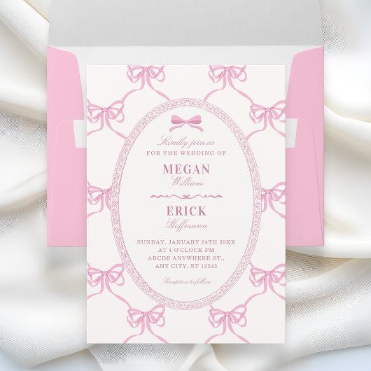 Pink bow ribbon wedding einladung
