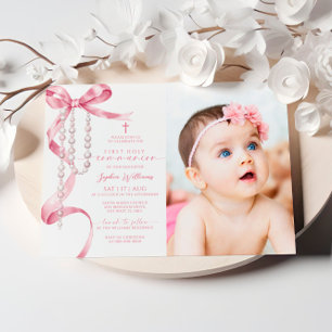 Pink Bow & Rosary Foto Erste Heilige Kommune Einladung