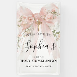 Pink Bow Rose Floral Girl First Communion Vertical Banner