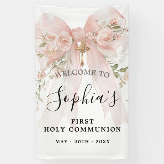Pink Bow Rose Floral Girl First Communion Vertical Banner (Vertikal)