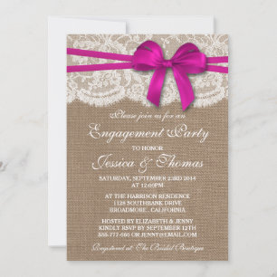 Pink Bow Rustic Burlap & Lace Engagement Party Einladung