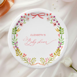 Pink Bow Rustic Floral Garden Baby Shower Pappteller