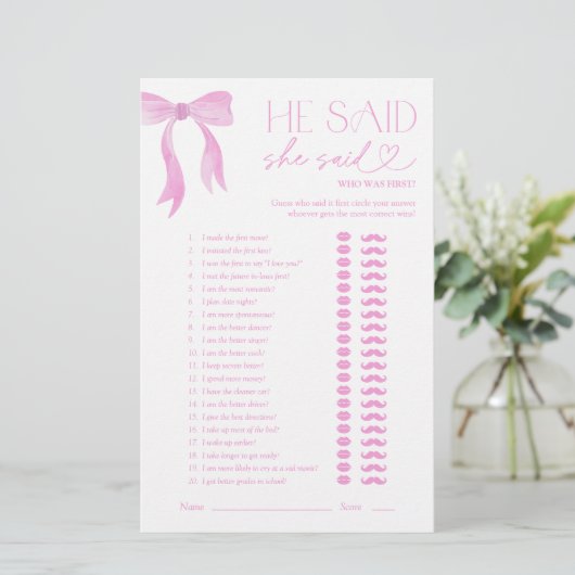 Pink Bow sagte, sie sagte Brautparty Game (Stehend Vorderseite)