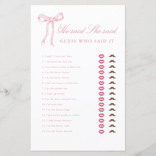 Pink Bow sagte, sie sagte Brautparty Game (Vorderseite)