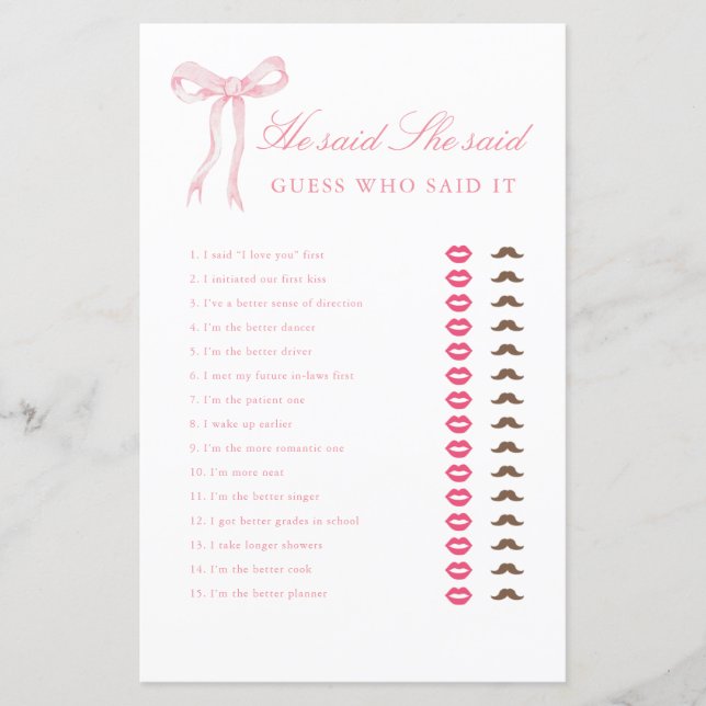 Pink Bow sagte, sie sagte Brautparty Game (Vorderseite)