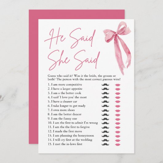 Pink Bow sagte, sie sagte Brautparty Game Einladung (Vorne/Hinten)