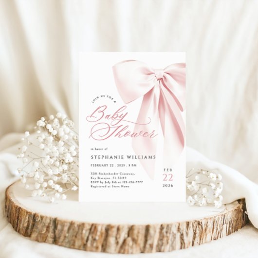 Pink Bow Script Baby Dusche Einladung