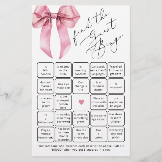 Pink Bow Script Finden Sie das Gast-Bingo-Spiel (Vorderseite)