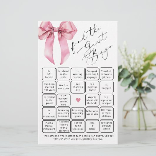 Pink Bow Script Finden Sie das Gast-Bingo-Spiel (Stehend Vorderseite)