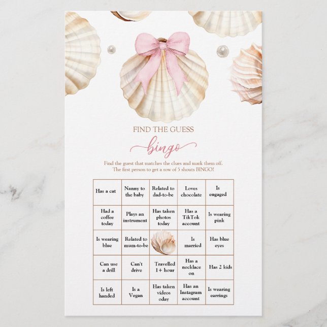 Pink Bow Shell Baby Shower Find The Guest Bingo (Vorderseite)