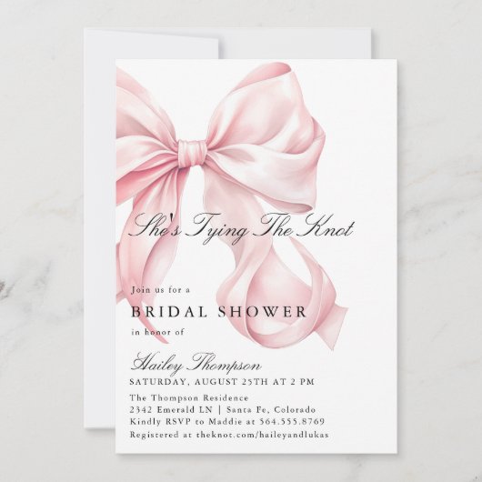 Pink Bow She's Tying The Knot Bridal Shower Einladung (Vorderseite)