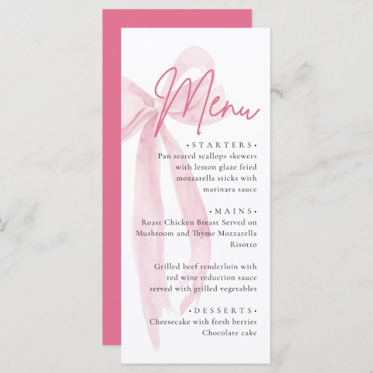 Pink Bow Sie bindet das Brautparty des Knotens Menükarte (Vorne/Hinten)