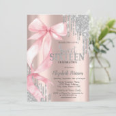 Pink Bow Silver Glitter Drips Rose Gold Sweet 16 Einladung (Stehend Vorderseite)