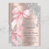 Pink Bow Silver Glitter Drips Rose Gold Sweet 16 Einladung (Vorne/Hinten)