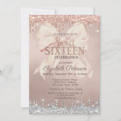 Pink Bow Silver Glitter Drips Rose Gold Sweet 16 Einladung (Vorderseite)