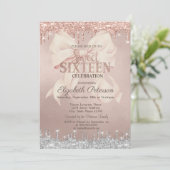 Pink Bow Silver Glitter Drips Rose Gold Sweet 16 Einladung (Stehend Vorderseite)