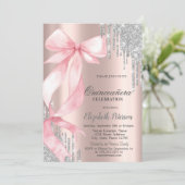 Pink Bow Silver Glitter Drips Rose GoldQuinceañera Einladung (Stehend Vorderseite)
