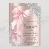 Pink Bow Silver Glitter Drips Rose GoldQuinceañera Einladung (Vorne/Hinten)