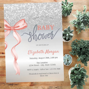 Pink Bow Silver Glitzer Bokeh Baby Dusche Einladung