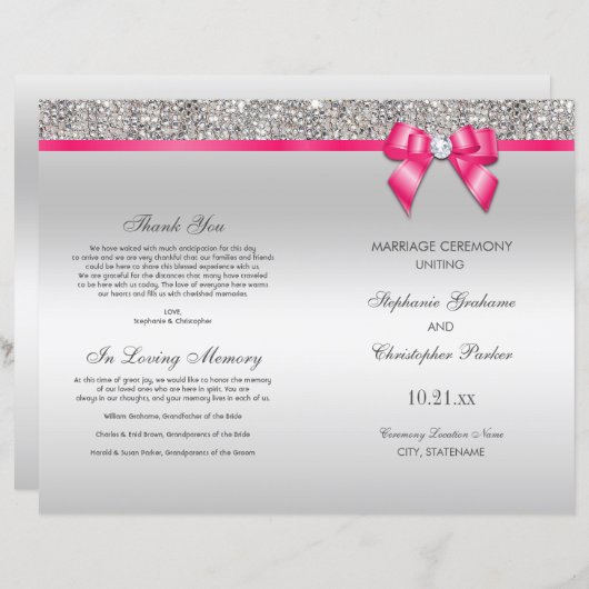 Pink Bow Silver Sequins Hochzeitsprogramm (Vorne/Hinten)