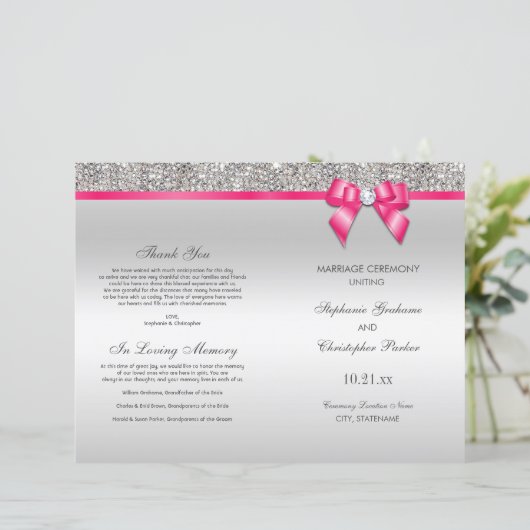 Pink Bow Silver Sequins Hochzeitsprogramm (Stehend Vorderseite)