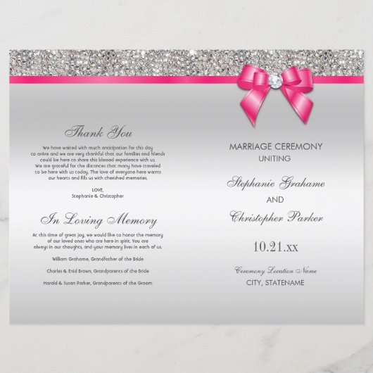 Pink Bow Silver Sequins Hochzeitsprogramm (Vorderseite)