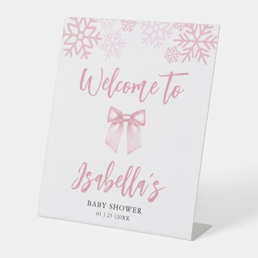 Pink Bow Snowflake Baby Shower Welcome Sockelschild (Vorderseite)