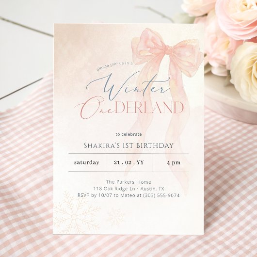 Pink Bow Snowflake Winter Onederland 1st Birthday Einladung