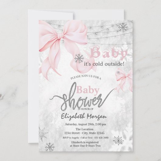 Pink Bow Snowflakes String Lights Baby Shower Einladung (Vorderseite)