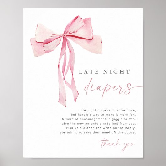 Pink Bow Spate Night Diapers Game Sign Girl Blush Poster (Vorne)