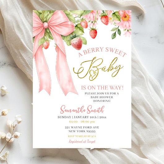 Pink Bow Strawberry Baby Shower Invitation Einladung