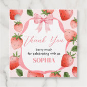 Pink Bow Strawberry Berry First Birthday Square Geschenkanhänger (Vorderseite)
