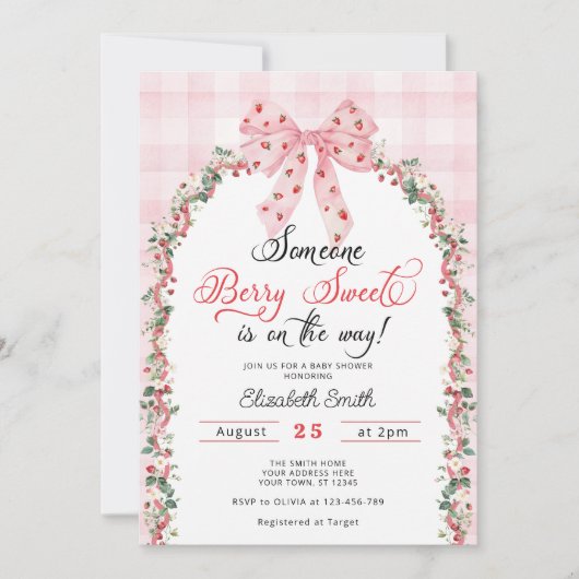 Pink Bow Strawberry Berry Sweet Girl Baby Dusche Einladung (Vorderseite)