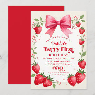 Pink Bow Strawberry Birthday Berry Erster Geburtst Einladung