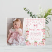 Pink Bow Strawberry Geburtstag Foto Danke Karte (Stehend Vorderseite)