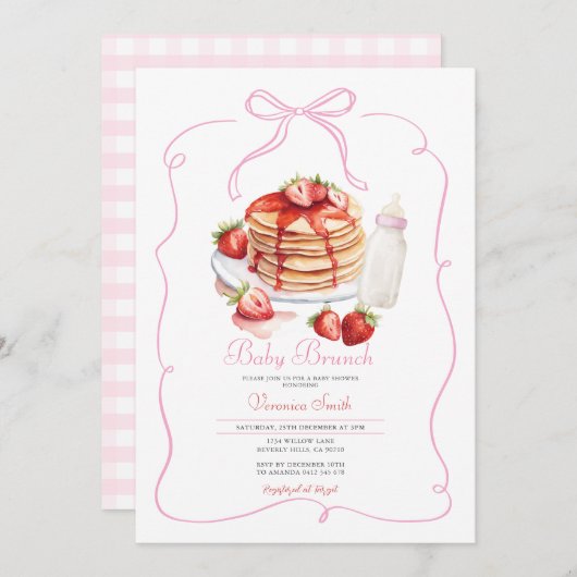 Pink Bow Strawberry Pancake Baby Brunch Einladung (Vorne/Hinten)