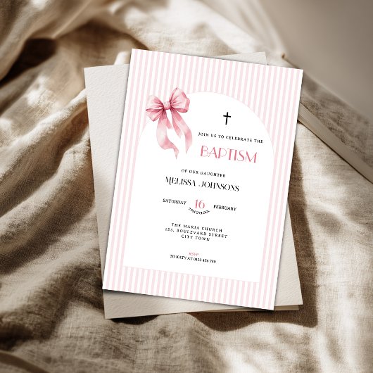 Pink Bow Striped Baptism Invitation for Girls Einladung