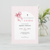 Pink Bow Striped Baptism Invitation for Girls Einladung (Stehend Vorderseite)